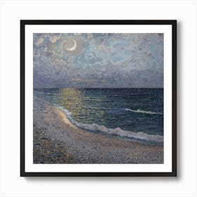 Moonlight On The Beach, Tiny Dots, Pointillism Art Print