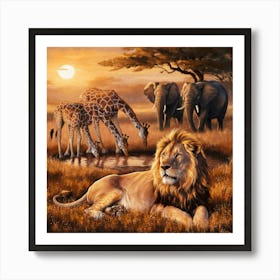 Lions And Giraffes 1 Art Print