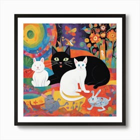 Cats And Rabbits Art Print