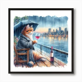 Cat Drinking Wine In The Rain 9 Art Print