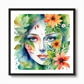 Watercolor Of A Woman With Flowers 1 Art Print