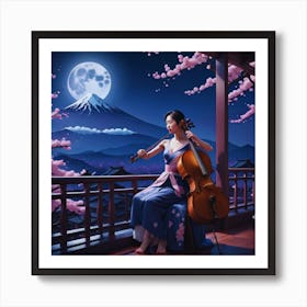 Asian Woman Playing Cello in the Balcony with moonlight and Mt Fuji mountains Art Print