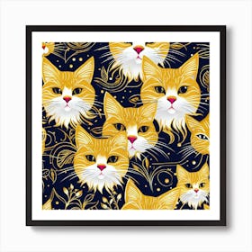 Yellow Cats On A Black Background Art Print