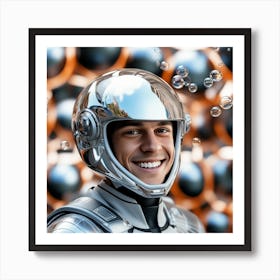 3d Dslr Photography, Model Shot, Man From The Future Smiling Chasing Bubbles Wearing Futuristic Suit Designed By Apple, Digital Helmet, Sport S Car In Background, Beautiful Detailed Eyes, Professional Award W (1) Art Print