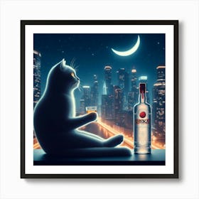 Cat Drinking Vodka At Night Art Print