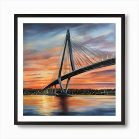 Sunset over the Arthur Ravenel Jr. Bridge in Charleston. Blue water and sunset reflections on the water. Oil colors.2 Art Print