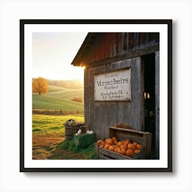 A Rustic Barn With A Weathered Wooden Sign Lean Against It Rolling Hills In The Background Transiti (2) Art Print