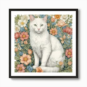 White Cat In Flowers william morris inspired art Art Print