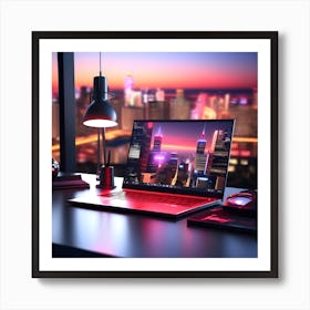 Laptop On Desk At Night 2 Art Print