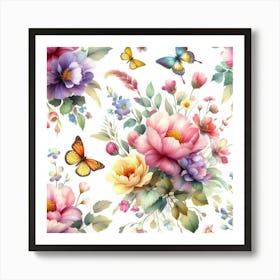 A beautiful watercolor painting of a seamless floral pattern with butterflies, featuring pink, yellow, and purple flowers, and green leaves on a white background, perfect for use as a wallpaper or fabric design. Art Print