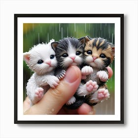 Three Kittens In The Rain 1 Art Print