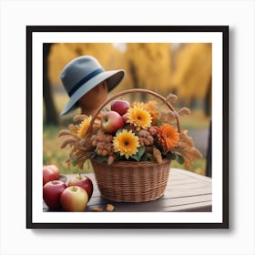 Photo An Autumn Flower Arrangement In A Basket Is On The Table Next To A Hat And Apples 2 Art Print