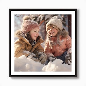 Two Children Playing In The Snow Art Print