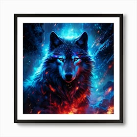 Full Body Portrait Of A Wolf Aglow With Blue And Red Sparks Amidst A Backdrop Of Rain Decorations Art Print