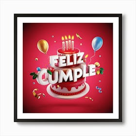 Feliz cumple and Feliz cumpleaños sign means Happy Birthday in Spanish language, Birthday party celebration gift with birthday cake candle colorful balloons best congratulation over light background wall artFeliz Cumple 19 Art Print