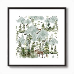 Christmas trees, reindeers, birds, happy new year and winter season. Art Print