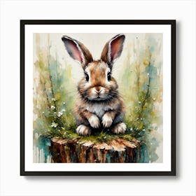 Rabbit Sitting On A Tree Stump Art Print