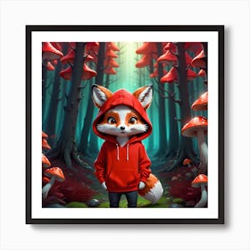 Cartoon Fox in a Mushroom Forest Art Print