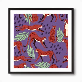 Tropical Cheetah Pattern On Purple With Florals And Decoration Square Art Print