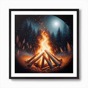 Campfire in the Woods: A Realistic Painting of a Warm and Cozy Night Scene Art Print
