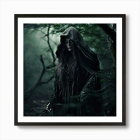 In The Heart Of An Ancient Olive Green And Mint Forest A Chilling Figure Emerges From The Shadows Art Print