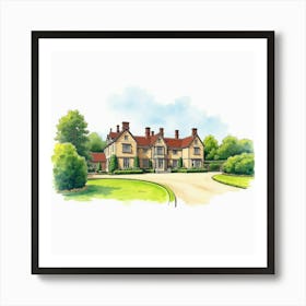 Watercolor Of The Ashridge House In Hertfordshire, Featuring Its Grand Design And Extensive Gardens Art Print