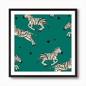 Zebras in love Running - seagreen Art Print
