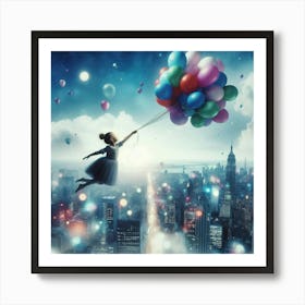 Girl Flying With Balloons Over City Skyline Art Print