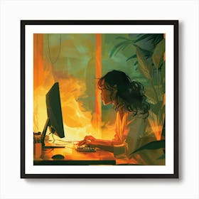 Girl Working On Computer Art Print