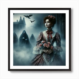 The Watchers 2/4 (Beautiful woman  female classic ghosts scenic temple spectres memories dreams art AI Victorian mist fog)  Art Print