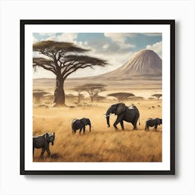 Elephants In The Savannah Art Print