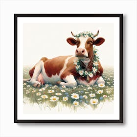 Cow With Daisies Art Print