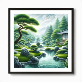 Japanese Garden - peaceful depiction of a Zen garden with a tranquil pond and flowing water features Art Print