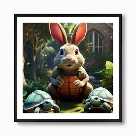 A rabbit meets two turtles in the garden Art Print