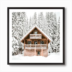 Cabin In The Snowy Pine Woods Art Print