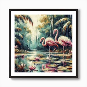 Flamingos In The Water Art Print