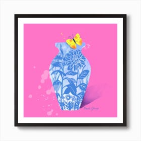 Blue Floral With Yellow Butterfly On Pink Square Art Print