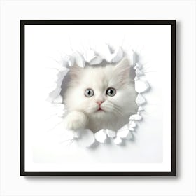 White Cat Peeking Out Of A Hole 1 Art Print