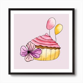 Pink Strawberry Cupcake Square Art Print