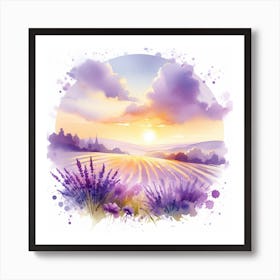 Lavender and Sunset - Watercolor Painting of a Landscape with Purple and Yellow Art Print