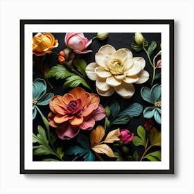 Abstract Flowers On A Black Background Art Print