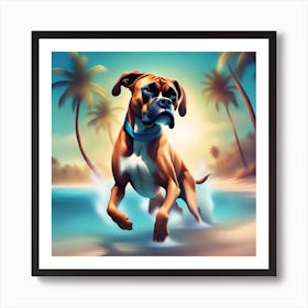 A dog boxer swimming in beach and palm trees 6 Art Print