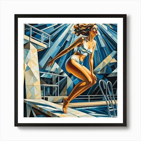 Woman Diving Cubism Style Art Print