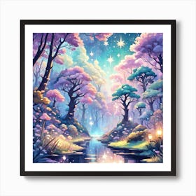 A Fantasy Forest With Twinkling Stars In Pastel Tone Square Composition 143 Art Print