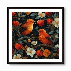 Seamless Pattern With Birds And Flowers Art Print