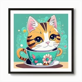 cute amine Cat In A Teacup Art Print