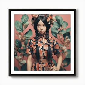 Asian Girl In Floral Dress Art Print