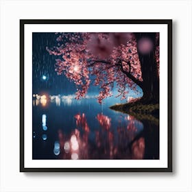 Placid Blue Lake and Reflections of Pink Cherry Blossom Art Print