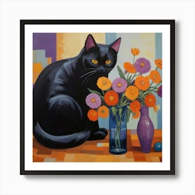 Black Cat With Flowers 5 Art Print