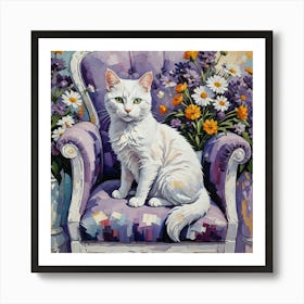 White Cat On Purple Chair Art Print